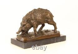 Bronze sculpture of a Wild Boar on a black marble, signed