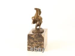 Bronze sculpture of a modern harnessed horse on a marble base, signed