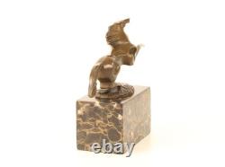 Bronze sculpture of a modern harnessed horse on a marble base, signed