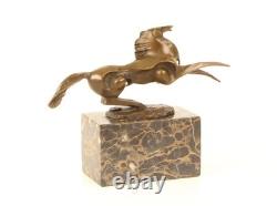 Bronze sculpture of a modern harnessed horse on a marble base, signed