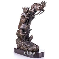 Bronze sculpture of lion and antelope on black marble Vintage signed