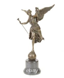 Bronze sculpture of the winged victory on a marble base signed