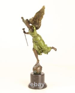 Bronze sculpture of the winged victory on a marble base, signed
