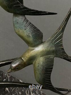 Bronze sculpture signed TIT Art Deco bird decor on gray marble H5254
