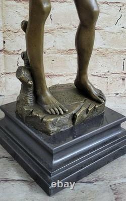 Bronze statue signed by David, nude mythological figure on a marble base