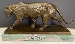 Bronzefigur-panther Bronze On Marble Plate Signed Bugatti As Nachguss