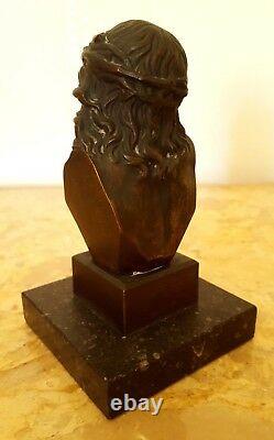 Bust Of Christ In Bronze Signed Pollet On Marble Base Height 16 CM