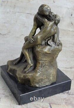 Captivating Affection Signed Rodin Kiss Lovers Bronze Marble Sculpture Statue