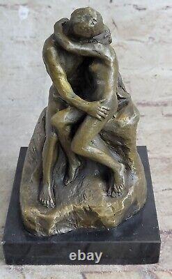 Captivating Affection Signed Rodin Kiss Lovers Bronze Marble Sculpture Statue