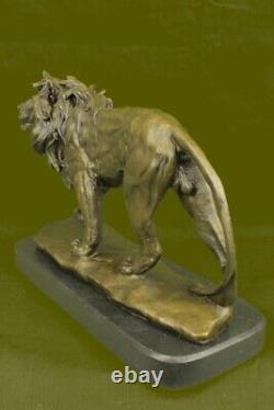 Cast Iron Sculpture Signed Bronze Bust Royal Lion Statue Marble Base Figurine