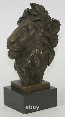 Cast Signed Bronze Royal Lion Statue Sculpture Bust Marble Base Figure Art