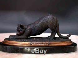 Cat Stretching Art Bronze Sculpture Signed Marble Base