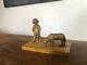 Charming Little Golden Bronze, Base In Marble Child And Sheep, Not Signed