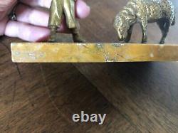 Charming Little Golden Bronze, Base In Marble Child And Sheep, Not Signed
