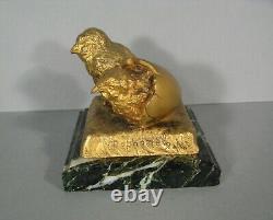 Chick Outgoing From Egg Bronze Animal Sculpture Ancient Signed Raphanel