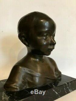 Children Bust Bronze With Brown Patina On Marble Base Signed Nineteenth Donatello