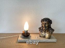 Christ Bronze and Marble Art Deco Lamp Signed L Artaud