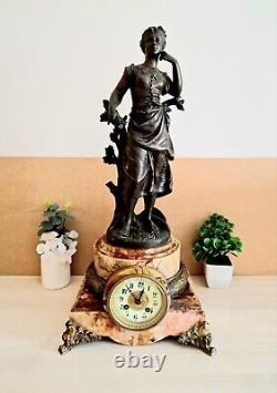Clock on Marble Base Statue in Regule signed Bruchon Bronze Foot