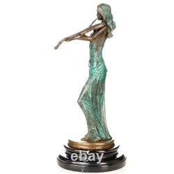 Colored bronze sculpture of a violinist on black marble after J. Kassin