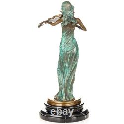 Colored bronze sculpture of a violinist on black marble after J. Kassin