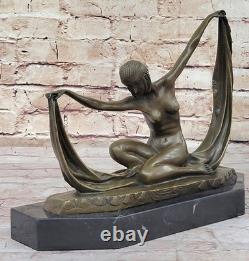 Dancer Scarf Nude Bronze Art Deco Signed Mirval Sculpture Statue Marble