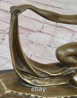 Dancer Scarf Nude Bronze Art Deco Signed Mirval Sculpture Statue Marble