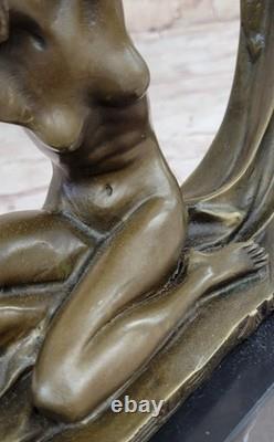 Dancer Scarf Nude Bronze Art Deco Signed Mirval Sculpture Statue Marble