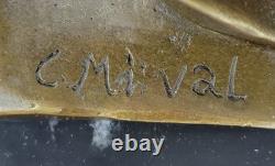 Dancer Scarf Nude Bronze Art Deco Signed Mirval Sculpture Statue Marble