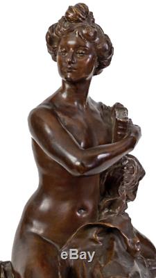 Denys Puech (1854-1942) & Susse Seated Nude Bronze Sign On Yellow Marble