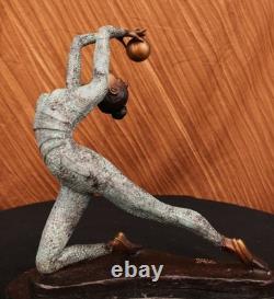 Detailed Art Deco Bronze Statue of a Nude Gymnast on Marble Base