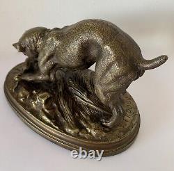 Dog Playing With A Small Rat, Bronze Sculpture By Trodoux
