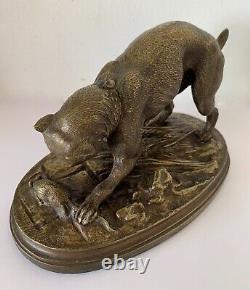 Dog Playing With A Small Rat, Bronze Sculpture By Trodoux