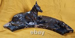 Dog and puppy in antique French bronze on a marble base signed VARNIER