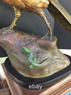 Dubucand, Polychrome Bronze Faisan With Lizard Around 1890, Black Marble Base