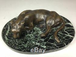 Early Bronze Animal Lioness On A Pedestal Marble Sign H. Payen