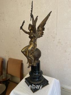 Édouard Drouot Patinated Bronze Winged Victory on Globe Base Marble