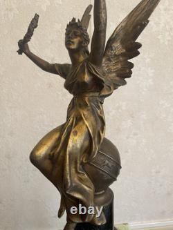 Édouard Drouot Patinated Bronze Winged Victory on Globe Base Marble