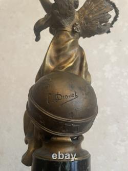 Édouard Drouot Patinated Bronze Winged Victory on Globe Base Marble
