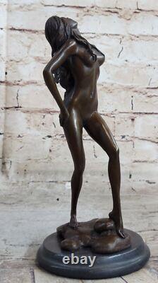 Elegant Nude Girl Sculpture Bronze Marble Signed Art Deco Figure