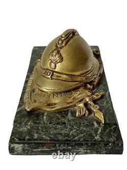 Encrier En Bronze Et Marbre Signed Helmet Adrian Poilu War Ww1 Antique Inkwell