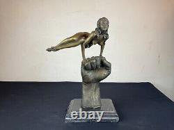 Erotic bronze and marble statue of a nude woman signed JUNO + Founders