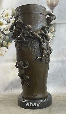 European Made Bronze Sculpture Signed Cast Figurative Vase Marble Base Cast