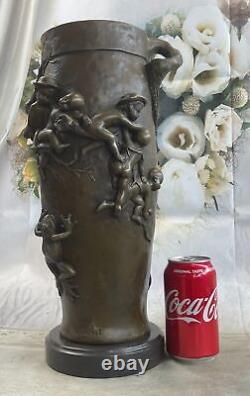 European Made Bronze Sculpture Signed Cast Figurative Vase Marble Base Cast