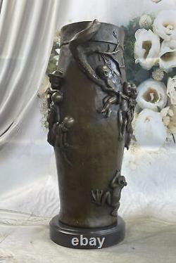 European Made Bronze Sculpture Signed Cast Figurative Vase Marble Base Cast