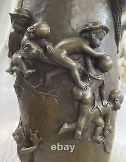 European Made Bronze Sculpture Signed Cast Figurative Vase Marble Base Cast