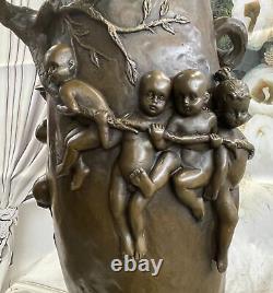 European Made Bronze Sculpture Signed Cast Figurative Vase Marble Base Cast