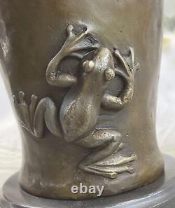 European Made Bronze Sculpture Signed Cast Figurative Vase Marble Base Cast