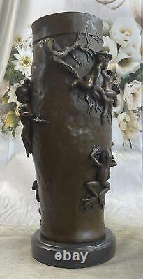 European Made Bronze Sculpture Signed Cast Figurative Vase Marble Base Cast