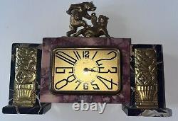 FRATIN/DEP Art Deco Clock in Bronze and Marble. Bear Fight with Dagger Signed