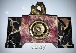 FRATIN/DEP Art Deco Clock in Bronze and Marble. Bear Fight with Dagger Signed